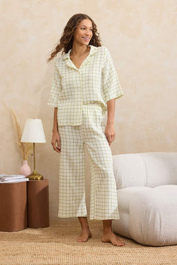 Yesil Ekoseli Muslin Kumas Kapri Dokuma Pijama Tak?m? THMSS26PT00034