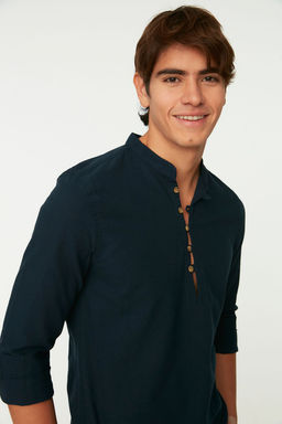 TRENDYOL MAN Mavi Slim Fit Yar?m Patl? Dugmeli Hakim Yaka Keten Gorunumlu Gomlek TMNSS20GO0097 - Trendyolmilla фото 24