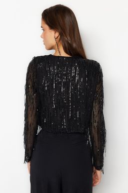 TRENDYOLMILLA Siyah Astarl? Par?lt?l? Payet Ceket TPRSS23CE00017