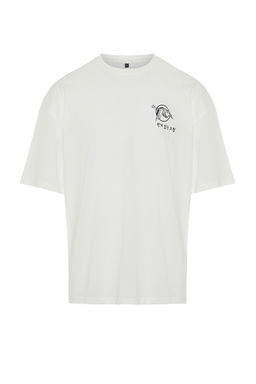 Ekru Oversize/Genis Kesim Uzak Dogu Bask?l? K?sa Kol %100 T-Shirt TMNSS23TS00170