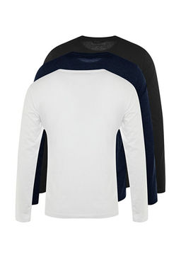 Siyah-Beyaz-Lacivert Regular/Normal Kesim Uzun Kollu 3l_ Basic Paket T-Shirt TMNAW21TS0197 - Trendyolmilla фото 2