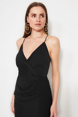 Siyah Astarl? Biyeli Dokuma Sifon Uzun Gece Abiye Elbise TPRSS22AE0012