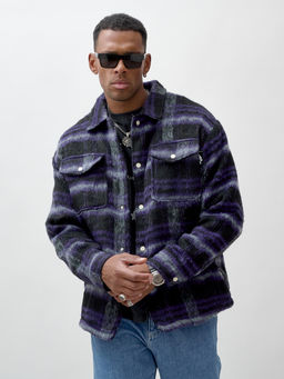 Куртка рубашка шерстяная в клетку мужская демисезонная темно-фиолетового цвета 58569TF