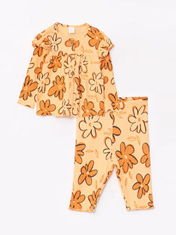 Bisiklet Yaka Uzun Kollu Bask?l? K?z Bebek 2li Tak?m