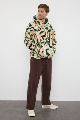 Cok Renkli Un?sex Oversize/Genis Kesim Desenli Polar/Pelus Kapusonlu Sweatshirt TMNAW25SW00147