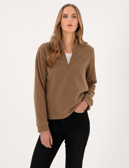 Camel Comfort Fit Fermuarl_ Polar Sweatshirt