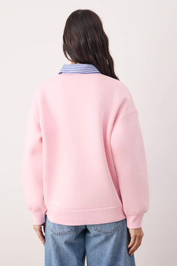 Pembe Dokuma Garni Detayl? Oversize Kal?p Polo Yaka Kal?n Polarl? Orme Sweatshirt TWOAW26SW00116