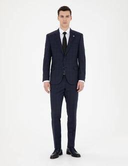 Lacivert Slim Fit %100 Y_n Ekose Tak_m Elbise