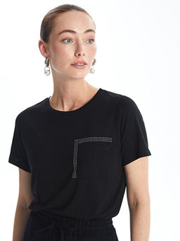 Bisiklet Yaka Parlak Ta?l? K?sa Kollu Kad?n Ti??rt