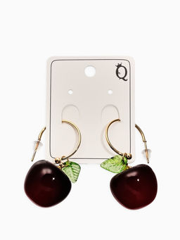 Серьги-кольца «Черешня с листочком», бордовые в золоте