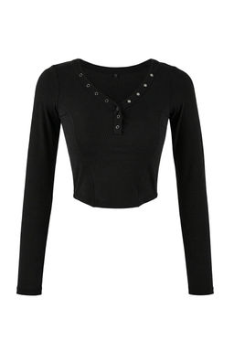 Siyah Fitted/Vucuda Oturan V Yaka C?tc?tl? Crop Premium Yumusak Orme Bluz TWOSS26BZ00056 - Trendyolmilla фото 5