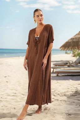 Kahverengi Dokuma Baglama Detayl? Maxi Plaj Elbise TBESS25EL00022