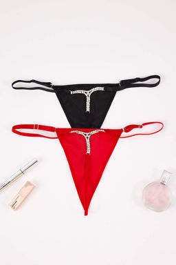Siyah-K?rm?z? 2li Micro Duz String Kulot THMAW26KU00053