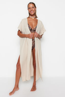 Bej Dokuma Y?rtmacl? Maxi Plaj Kusakl? Kimono&Kaftan TBESS23KM00019