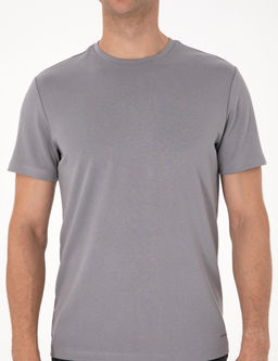 Gri Regular Fit Kal_n Dokulu Bisiklet Yaka Basic Ti__rt