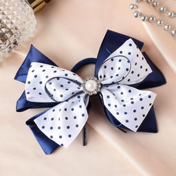 Цена за 6 шт. Бант для волос на резинке «Школьница», цветок и горошек, 13 см, сине-белый