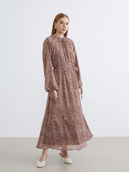 Ba?lamal? Yaka F?rf?rl? Balon Kollu Desenli Elbise