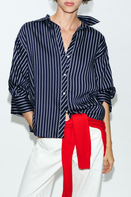 CAMISA RAYAS MANGA ABULLONADA / Marino / Blanco - Zara фото 3