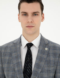 Gri Ex. Slim Fit Y_n Kar___ml_ Ekose Ceket