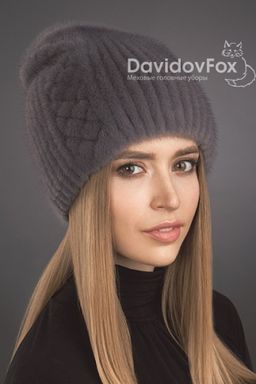 Шапка Бини норка орнамент серо-голубая