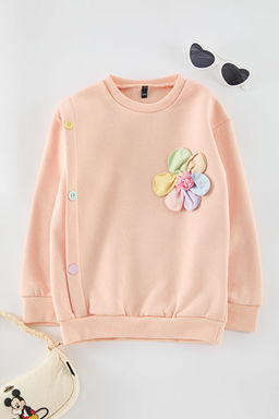 Ac?k Turuncu Pamuklu Cicekli K?z Cocuk Regular Orme Sweatshirt TKDAW25SW00020 - Trendyolmilla фото 2
