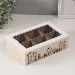 Шкатулка для чая 6 делений «Домики и деревья», дерево, 15.4×23.4×7.2 см