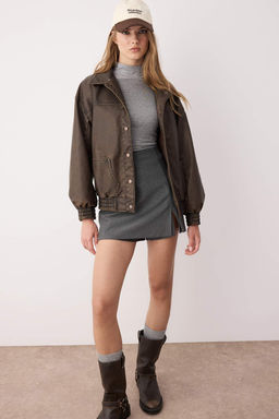 Kahverengi Oversize C?kar?labilir Kapusonlu Eskitme Efektli Suni Deri Bomber Mont TWOAW26MO00008 - Trendyolmilla фото 2