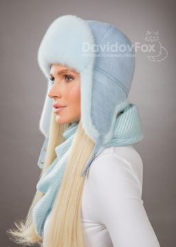 Комплект ушанка трикотаж норка голубая косынка