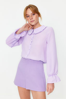 TRENDYOLMILLA Beyaz Bebe Yaka Ponpon Detayl? Regular Normal Kal?p Dokuma Gomlek TWOAW21GO0717  фото 10