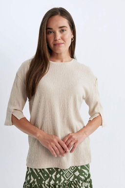 Женская футболка обычного кроя с круглым вырезом и короткими рукавами - Defacto фото 4