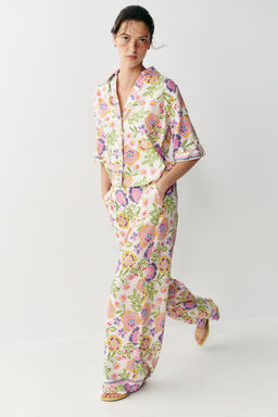 PANTAL?N ESTAMPADO FLORAL CON LINO / Multicolor