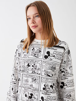 Bisiklet Yaka Mickey ve Arkada?lar? Bask?l? Uzun Kollu Oversize Kad?n Sweatshirt Tunik