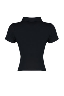 Siyah Fitilli Dikis Detayl? Polo Yaka Crop Esnek Orme Bluz TWOSS24BZ00366 - Trendyolmilla фото 6