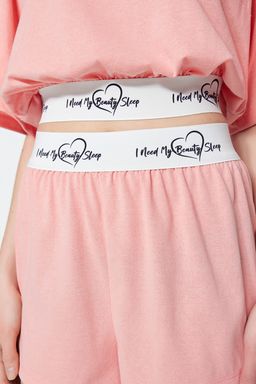 Trendyolmilla Ac?k Pembe Pamuklu Slogan Lastik Detayl? Sortlu Orme Pijama Tak?m? THMSS23PT00154  фото 5
