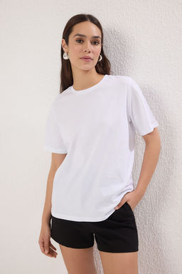 Beyaz-Beyaz Basic %100 Pamuk Bisiklet Yaka 2li Paket Orme T-Shirt TWOSS20TS0141