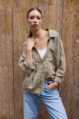 Yesil Cizgili Oversize/Genis Kal?p Dokulu Gomlek TWOAW26GO00083