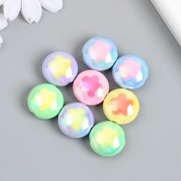 Цена за 8 шт. Бусина пластик Плоский шарик. Цветочек, глянец перламутр, 1.7?1.7 см, МИКС