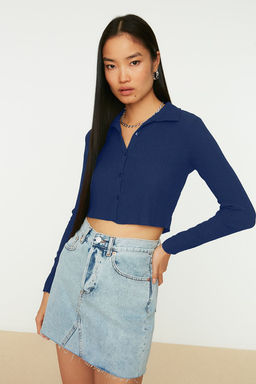 Gri Dugmeli Fitted/Vucuda Oturan Polo Yaka Burumcuk/Dokulu Crop Orme Bluz TWOAW22BZ0241 - Trendyolmilla фото 11