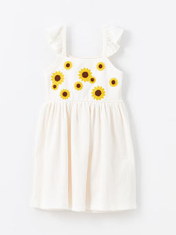 Kare Yaka ?i?ekli K?z ?ocuk Elbise