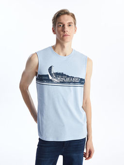 Bisiklet Yaka Bask?l? Erkek Kolsuz Ti??rt