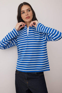 Mavi Cizgili Gizli Fermuarl? Oversize/Genis Kal?p Ince Orme Sweatshirt TWOAW26SW00242 - Trendyolmilla фото 2