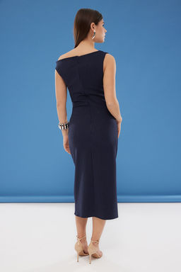 Lacivert Cizgili Vucudu Saran Midi Dokuma Elbise TWOSS25EL00264