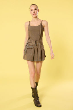 TRENDYOLMILLA Kahverengi Kemerli Cep Detayl? Pileli Mini Denim Elbise TWOSS25EL00172