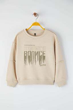 Bej*001 Erkek Cocuk Pamuklu Slogan Bask?l? Kapusonlu Regular Orme Sweatshirt TKDAW26SW00018