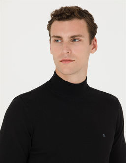 Siyah Slim Fit Yar_m Bal_k__ Yaka Basic Triko Kazak