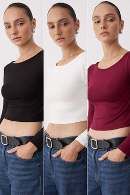 Trendyolmilla Siyah-Beyaz-Antrasit 3lu Paket Crop Fitted/Vucuda Oturan Orme Bluz TWOAW25BZ00300