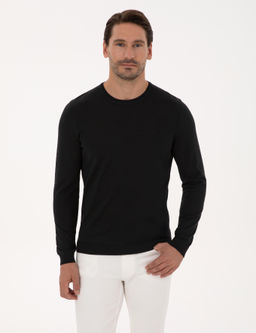 Siyah Slim Fit Y_n Kar___ml_ Bisiklet Yaka Basic Triko Kazak