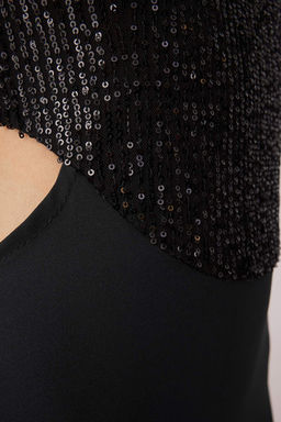 Siyah Cut Out/Pencere Detayl? Astarl? Payet Dokuma Midi Dugun/Nikah Elbisesi TPRSS25EL00306 - Trendyolmilla фото 3