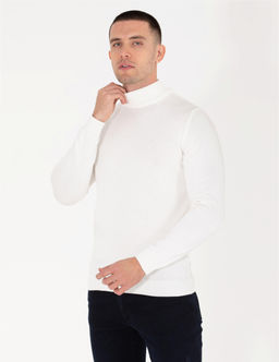 Ekru Slim Fit Yar_m Bal_k__ Yaka Basic Triko Kazak