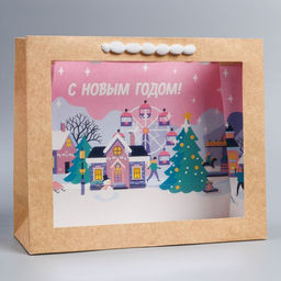 Пакет крафтовый с пластиковым окном Город, 31 х 26 х 11 см